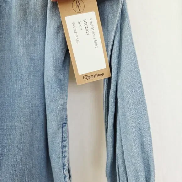 new! Billy T Pool Stripes Shirt Denim M Casual Top Blue Jean NWT Western Country - Picture 8 of 11
